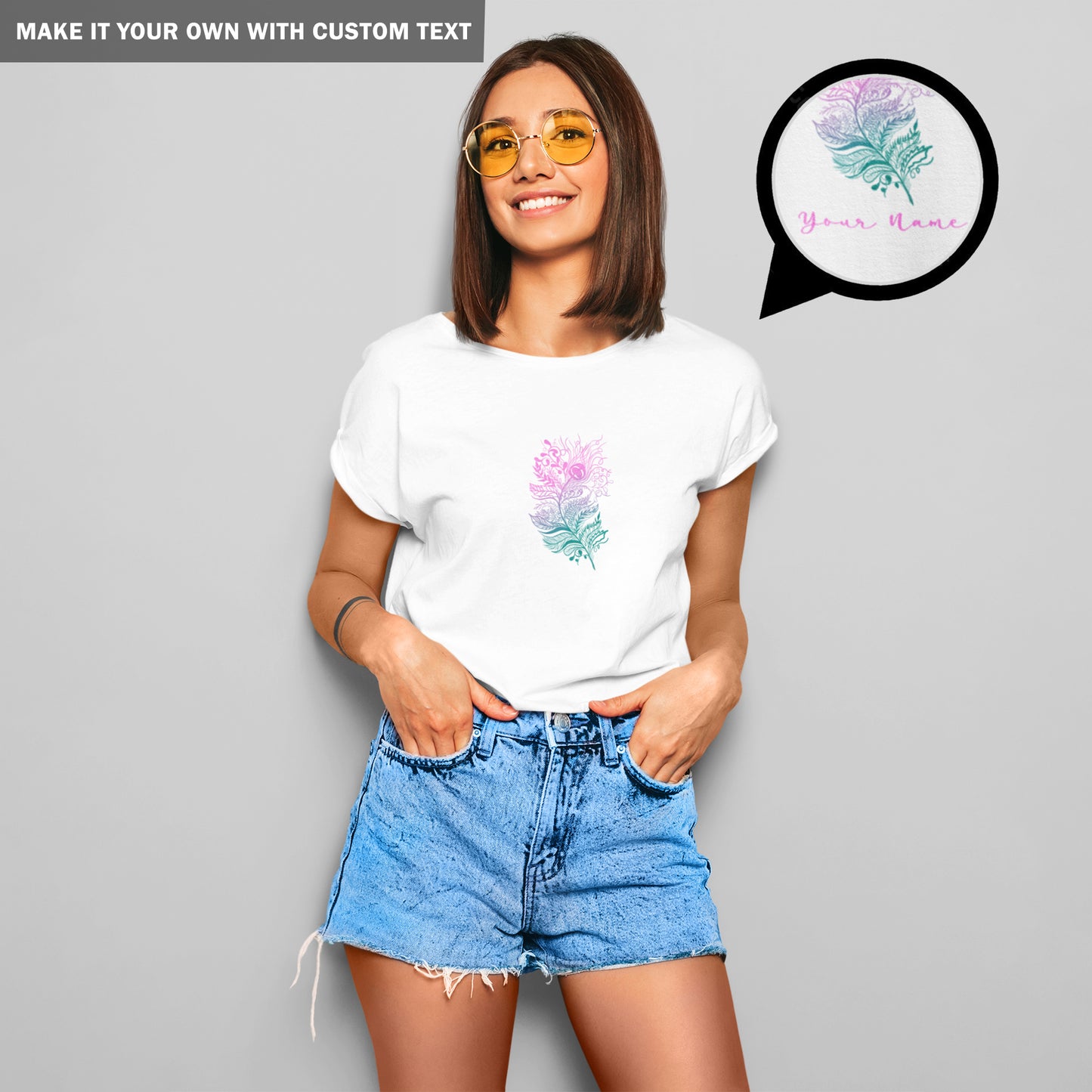 Feather Printed White Graphic T Shirt - Women